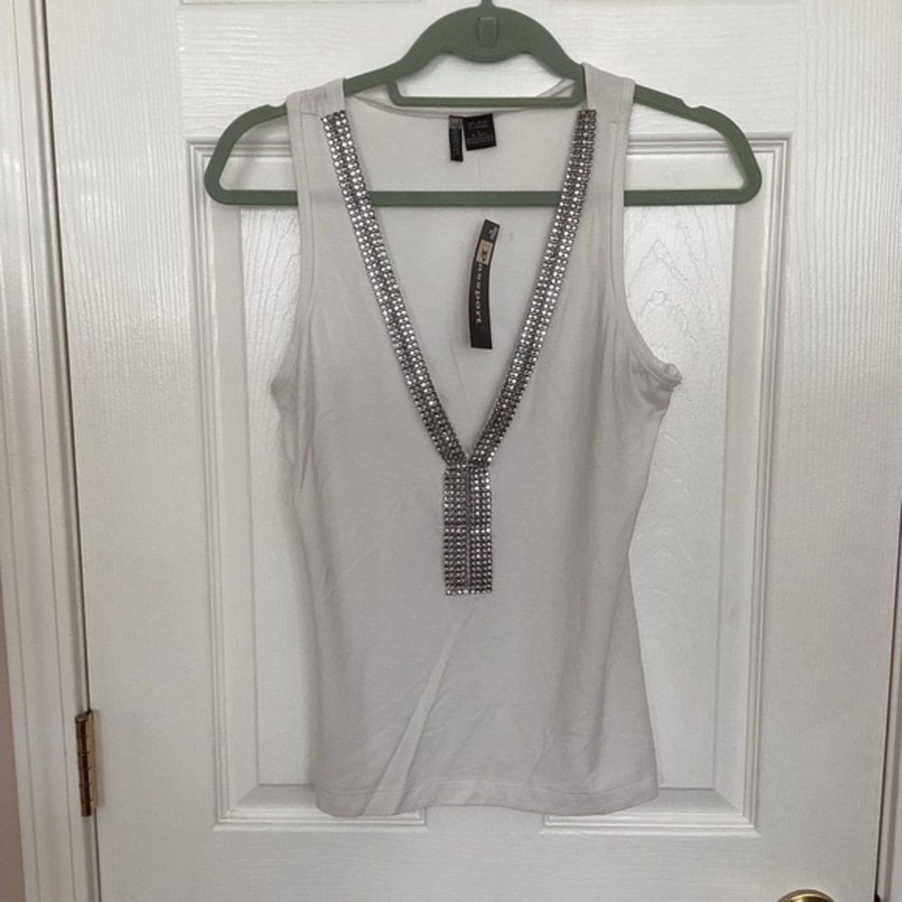 Passport White V-Neck Tank Top with Silver Embellishments